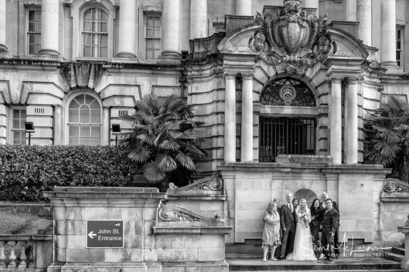 Wedding guests on the steps of Stockport Town Hall