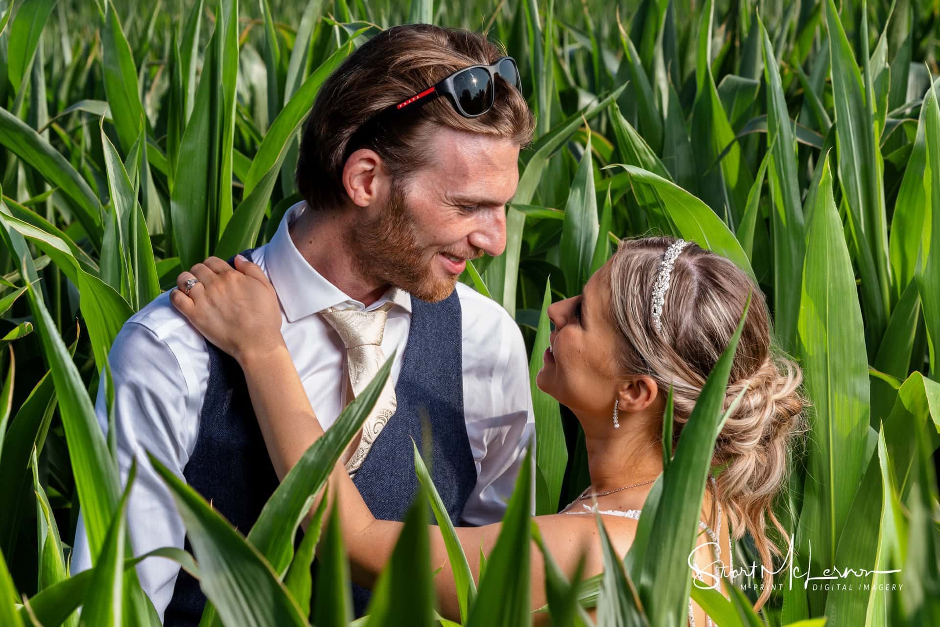 The bride and groom pose for a portrait in the crop fields outside Alcumlow Wedding Barn.